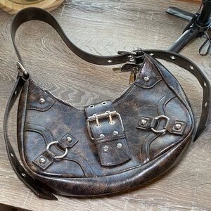 Distressed Brown Leather Crescent Shoulder Bag